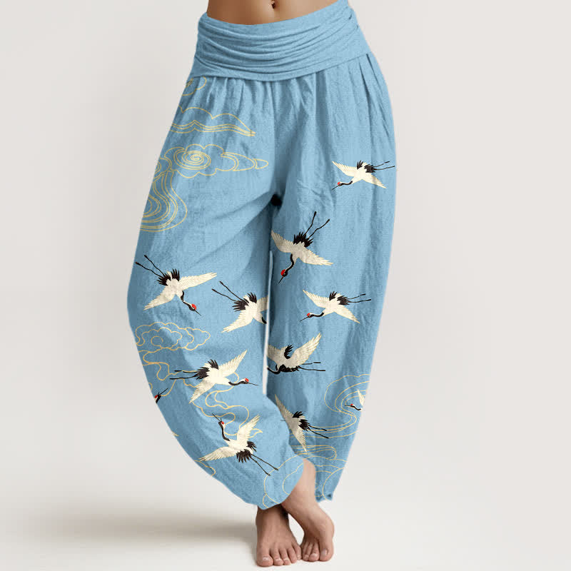 Buddha Stones Cotton Flying Crane Pattern Women's Elastic Waist Harem Pants - SkyBlue - US16,UK/AU20,EU48 (3XL) - image 8