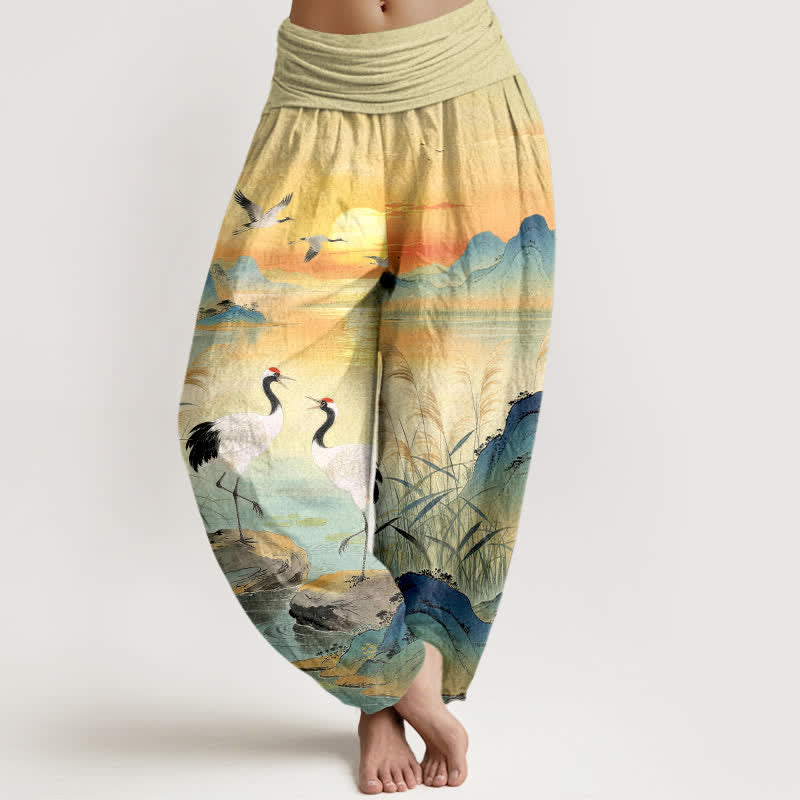 Buddha Stones Cotton Sunrise Mountain Crane Pattern Women's Elastic Waist Harem Pants - LemonChiffon - US16,UK/AU20,EU48 (3XL) - image 0