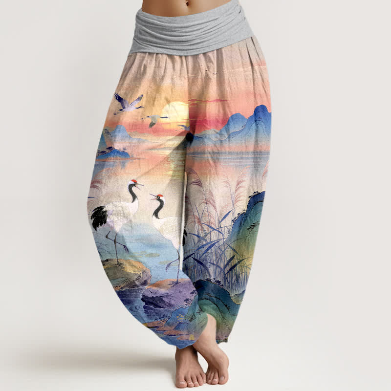 Buddha Stones Cotton Sunrise Mountain Crane Pattern Women's Elastic Waist Harem Pants - LightGrey - US16,UK/AU20,EU48 (3XL) - image 5