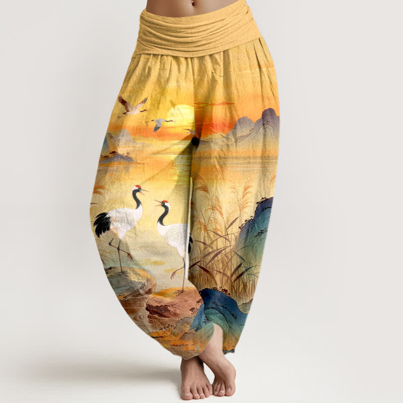 Buddha Stones Cotton Sunrise Mountain Crane Pattern Women's Elastic Waist Harem Pants - Gold - US16,UK/AU20,EU48 (3XL) - image 8
