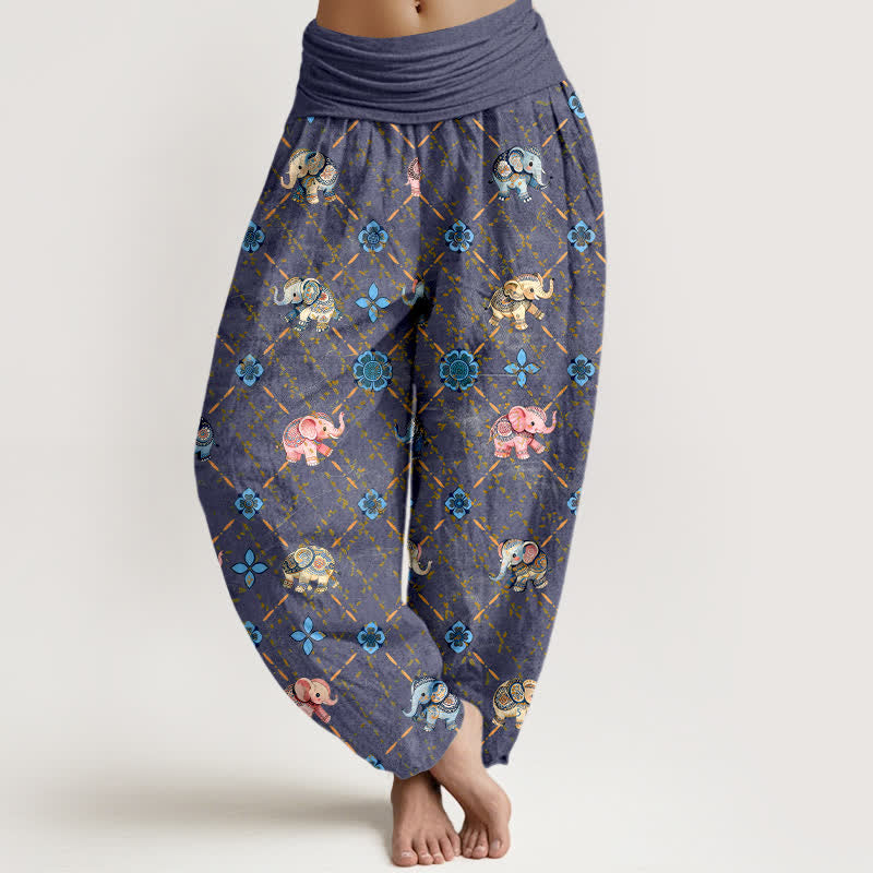 Buddha Stones Cotton Elephant Floral Pattern Women's Elastic Waist Harem Pants - SlateBlue - US16,UK/AU20,EU48 (3XL) - image 0