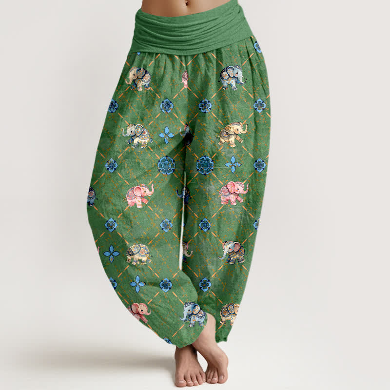 Buddha Stones Cotton Elephant Floral Pattern Women's Elastic Waist Harem Pants - Green - US16,UK/AU20,EU48 (3XL) - image 8