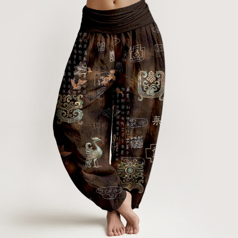 Buddha Stones Cotton Phoenix Cloud Pattern Women's Elastic Waist Harem Pants - SaddleBrown - US16,UK/AU20,EU48 (3XL) - image 0