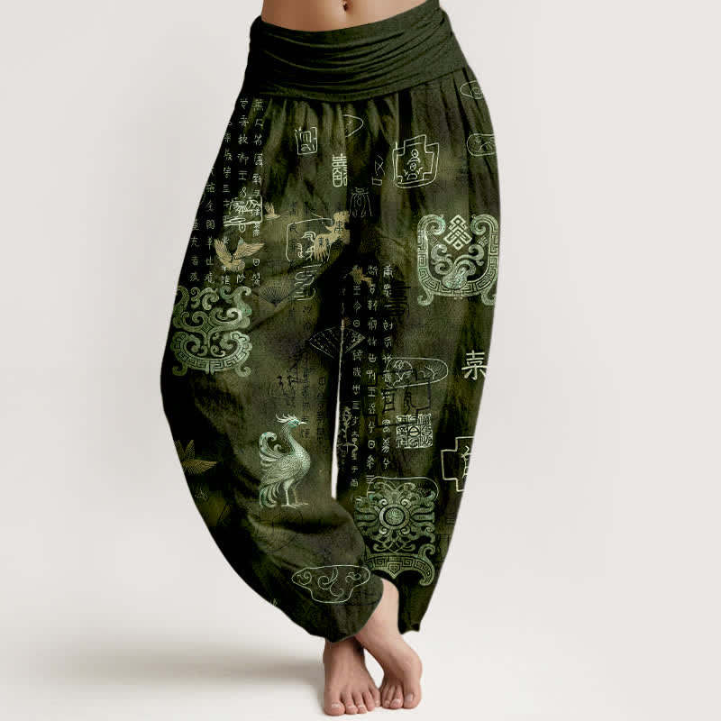Buddha Stones Cotton Phoenix Cloud Pattern Women's Elastic Waist Harem Pants - DarkOliveGreen - US16,UK/AU20,EU48 (3XL) - image 5