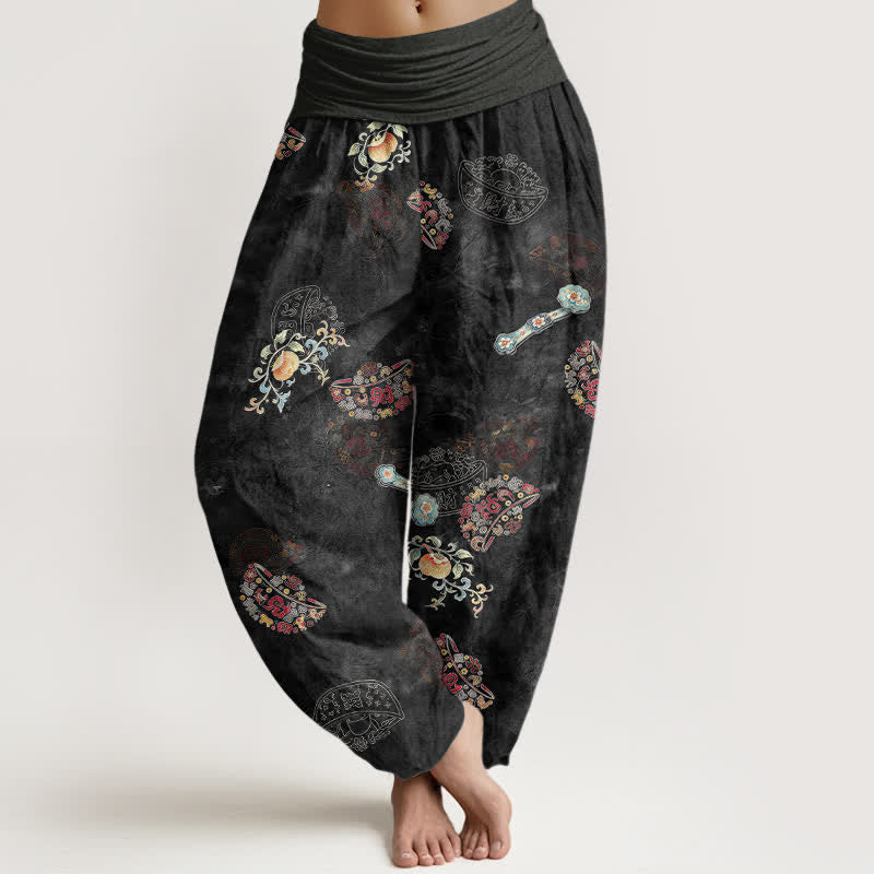 Buddha Stones Cotton Bohemian Floral Fan Pattern Women's Elastic Waist Harem Pants - Black - US16,UK/AU20,EU48 (3XL) - image 0