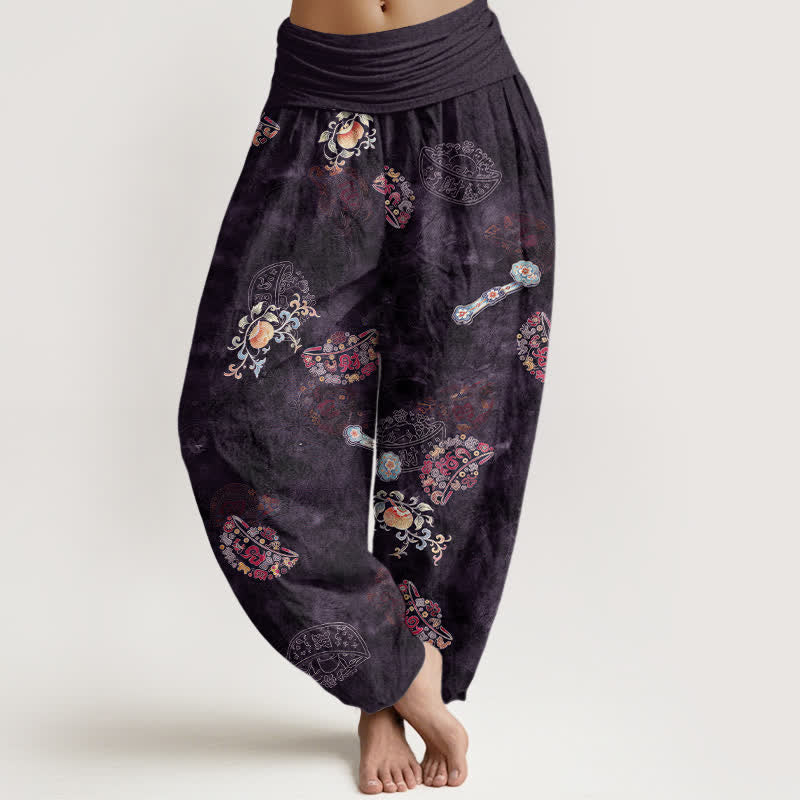 Buddha Stones Cotton Bohemian Floral Fan Pattern Women's Elastic Waist Harem Pants - Indigo - US16,UK/AU20,EU48 (3XL) - image 5