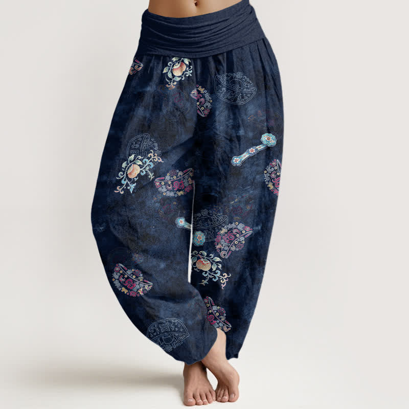 Buddha Stones Cotton Bohemian Floral Fan Pattern Women's Elastic Waist Harem Pants - Navy - US16,UK/AU20,EU48 (3XL) - image 8