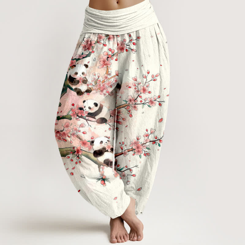 Buddha Stones Cotton Panda Sakura Blossom Pattern Women's Elastic Waist Harem Pants - White - US16,UK/AU20,EU48 (3XL) - image 0