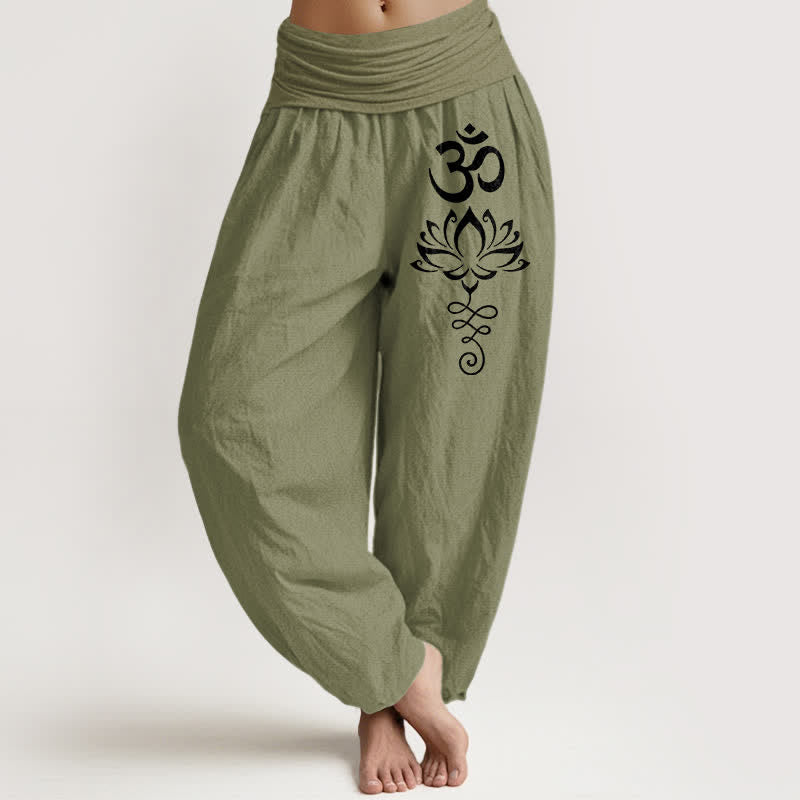 Buddha Stones Pure Cotton Lotus Om Pattern Women's Elastic Waist Harem Pants - OliveDrab - US16,UK/AU20,EU48 (3XL) - image 14
