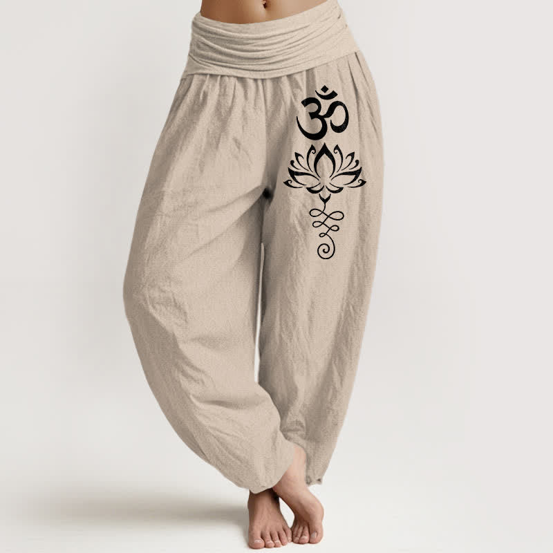 Buddha Stones Pure Cotton Lotus Om Pattern Women's Elastic Waist Harem Pants - Tan - US16,UK/AU20,EU48 (3XL) - image 11
