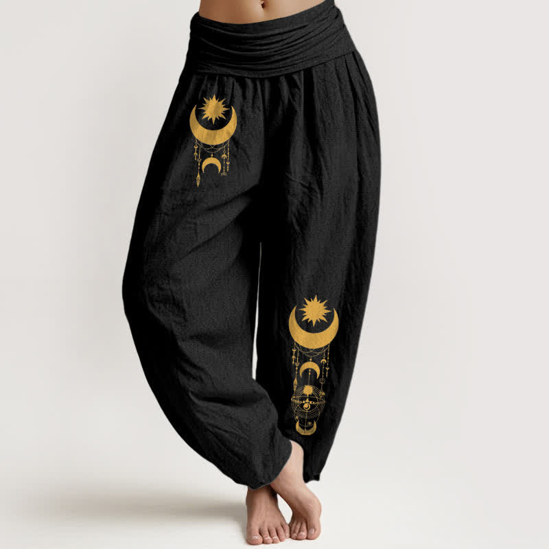 Buddha Stones Pure Cotton Golden Crescent Moon Stars Pattern Women's Elastic Waist Harem Pants - Black - US16,UK/AU20,EU48 (3XL) - image 5