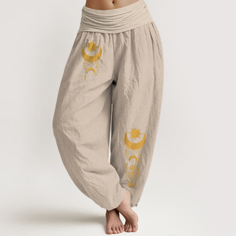 Buddha Stones Pure Cotton Golden Crescent Moon Stars Pattern Women's Elastic Waist Harem Pants - Tan - US16,UK/AU20,EU48 (3XL) - image 14