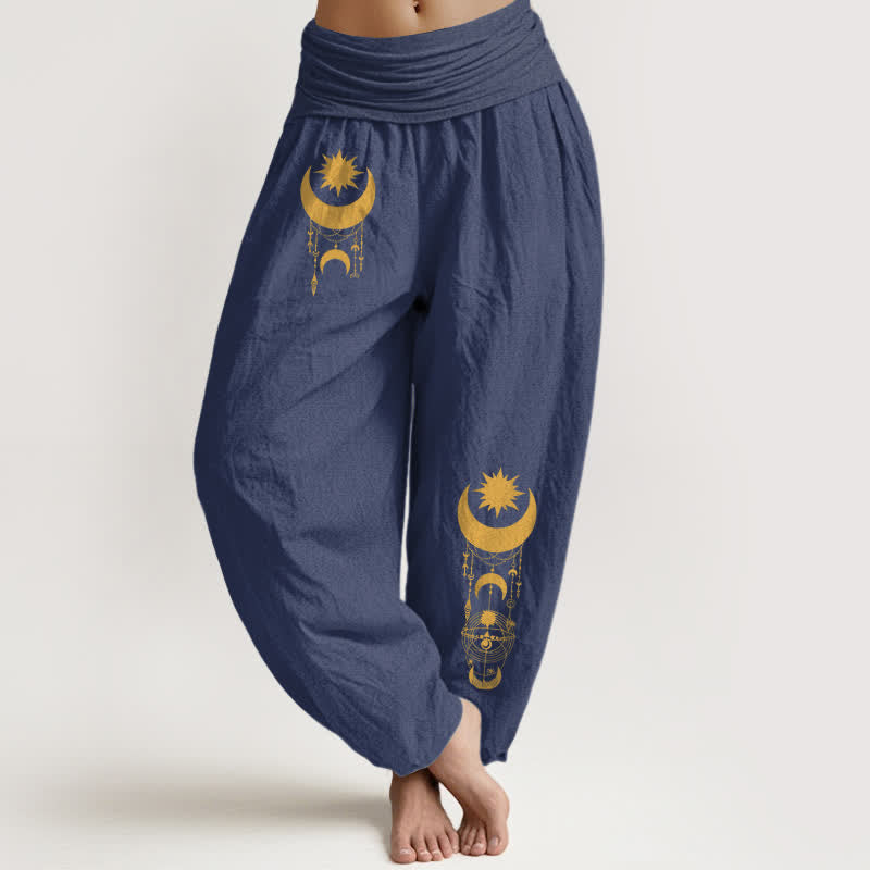 Buddha Stones Pure Cotton Golden Crescent Moon Stars Pattern Women's Elastic Waist Harem Pants - DarkSlateBlue - US16,UK/AU20,EU48 (3XL) - image 8
