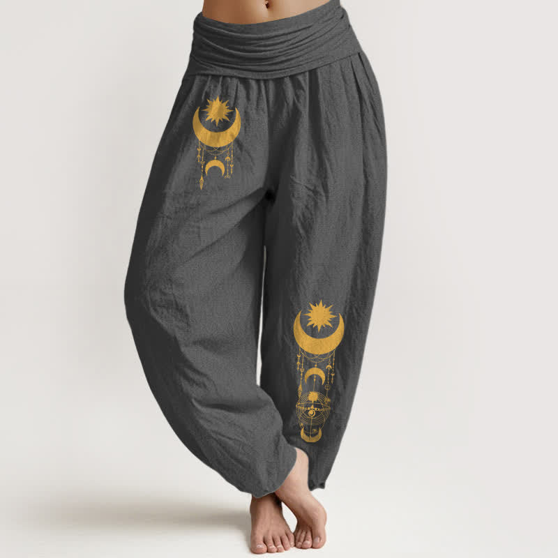 Buddha Stones Pure Cotton Golden Crescent Moon Stars Pattern Women's Elastic Waist Harem Pants - DimGray - US16,UK/AU20,EU48 (3XL) - image 0