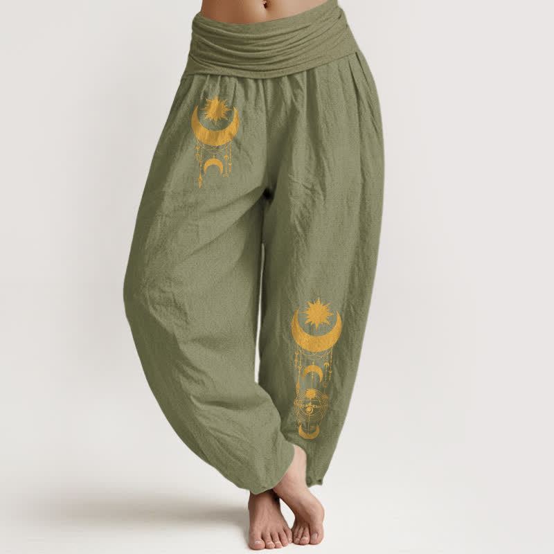Buddha Stones Pure Cotton Golden Crescent Moon Stars Pattern Women's Elastic Waist Harem Pants - OliveDrab - US16,UK/AU20,EU48 (3XL) - image 11