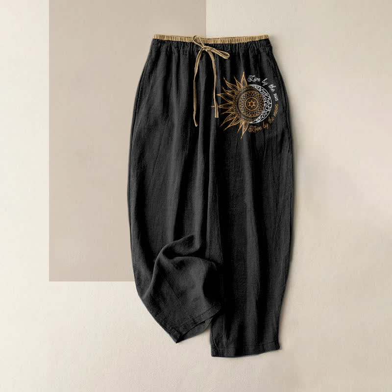 Buddha Stones Pure Cotton Sun and Moon Mandala Pattern Women's Elastic Waist Pants With Pockets - Black - US16,UK/AU20,EU48 (3XL) - image 0