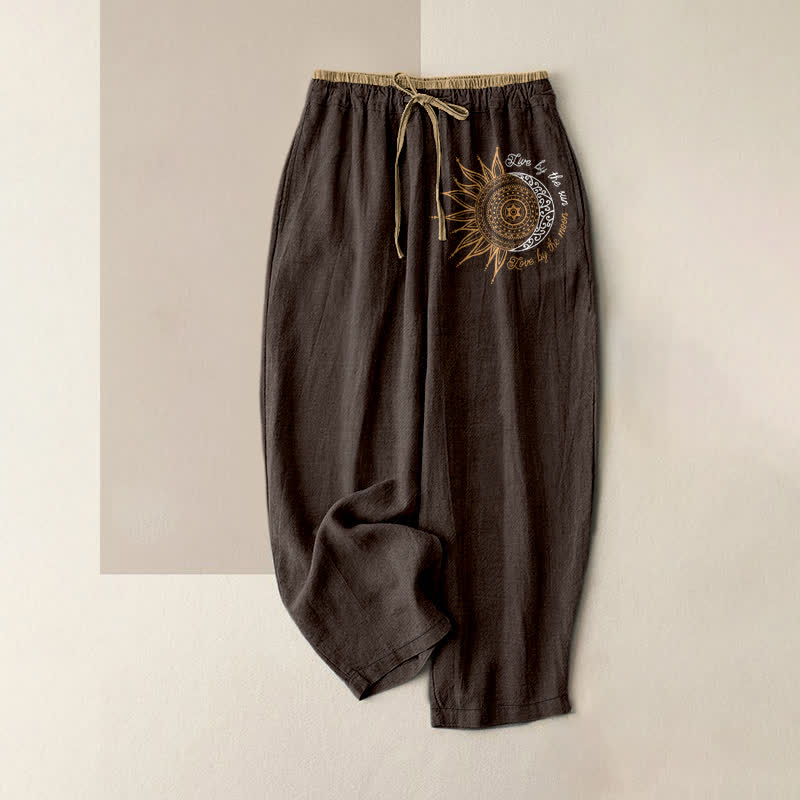 Buddha Stones Pure Cotton Sun and Moon Mandala Pattern Women's Elastic Waist Pants With Pockets - SaddleBrown - US16,UK/AU20,EU48 (3XL) - image 4
