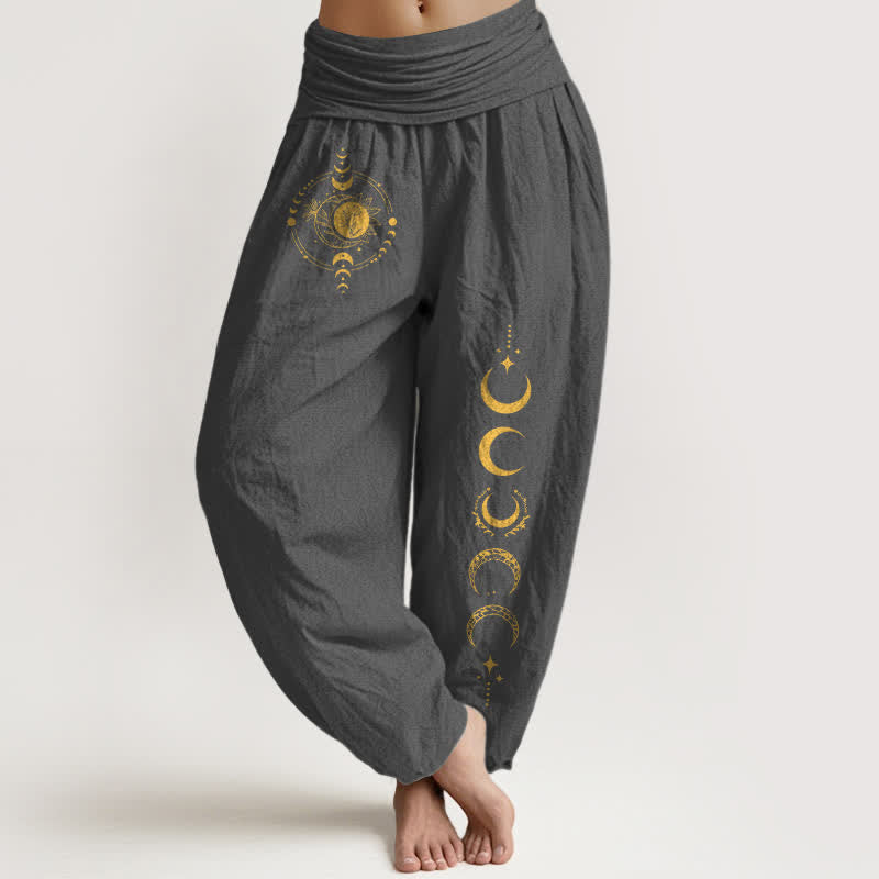 Buddha Stones Pure Cotton Golden Moon Phase Pattern Women's Elastic Waist Harem Pants - DimGray - US16,UK/AU20,EU48 (3XL) - image 5