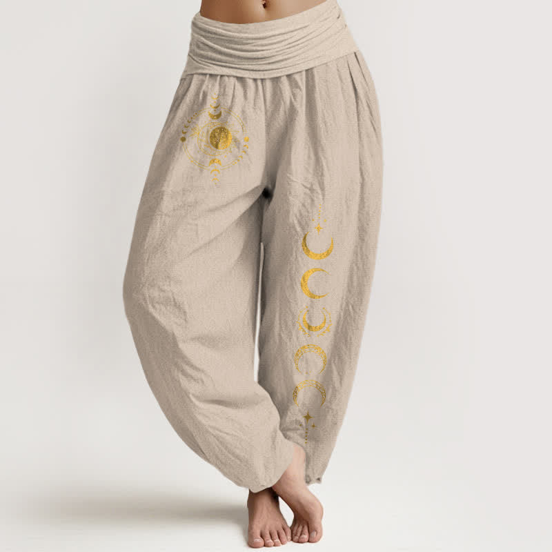 Buddha Stones Pure Cotton Golden Moon Phase Pattern Women's Elastic Waist Harem Pants - Tan - US16,UK/AU20,EU48 (3XL) - image 14