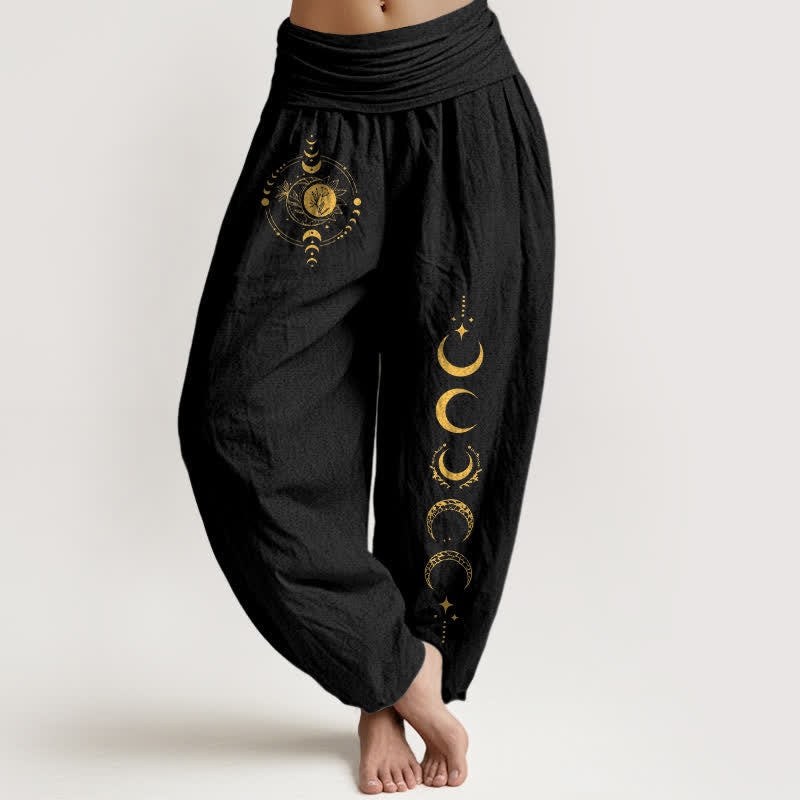 Buddha Stones Pure Cotton Golden Moon Phase Pattern Women's Elastic Waist Harem Pants - Black - US16,UK/AU20,EU48 (3XL) - image 0