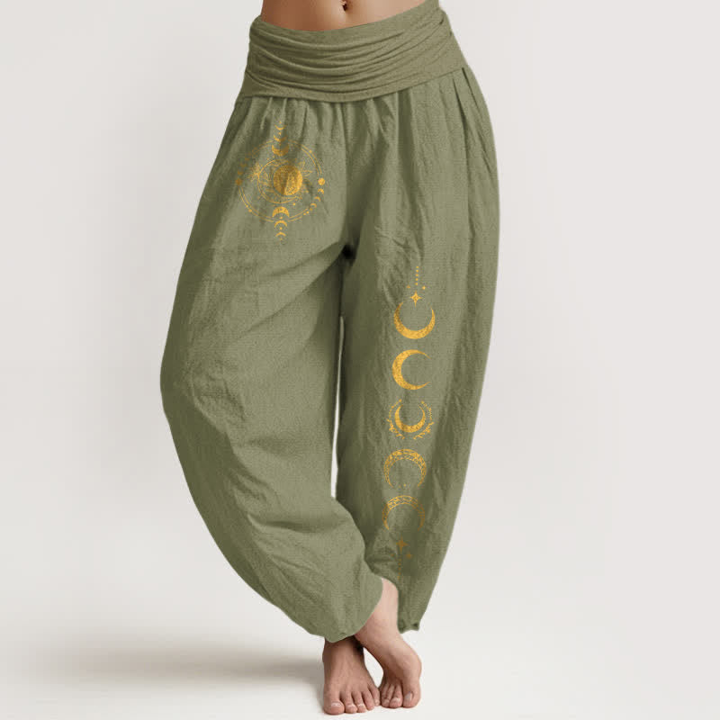 Buddha Stones Pure Cotton Golden Moon Phase Pattern Women's Elastic Waist Harem Pants - OliveDrab - US16,UK/AU20,EU48 (3XL) - image 11