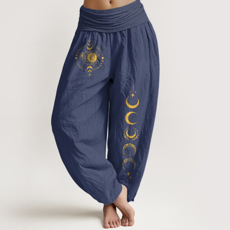 Buddha Stones Pure Cotton Golden Moon Phase Pattern Women's Elastic Waist Harem Pants - DarkSlateBlue - US16,UK/AU20,EU48 (3XL) - image 8