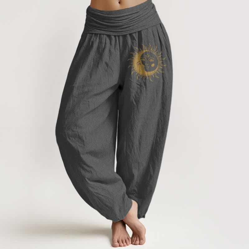 Buddha Stones Pure Cotton Golden Sun Moon Pattern Women's Elastic Waist Harem Pants - DimGray - US16,UK/AU20,EU48 (3XL) - image 5