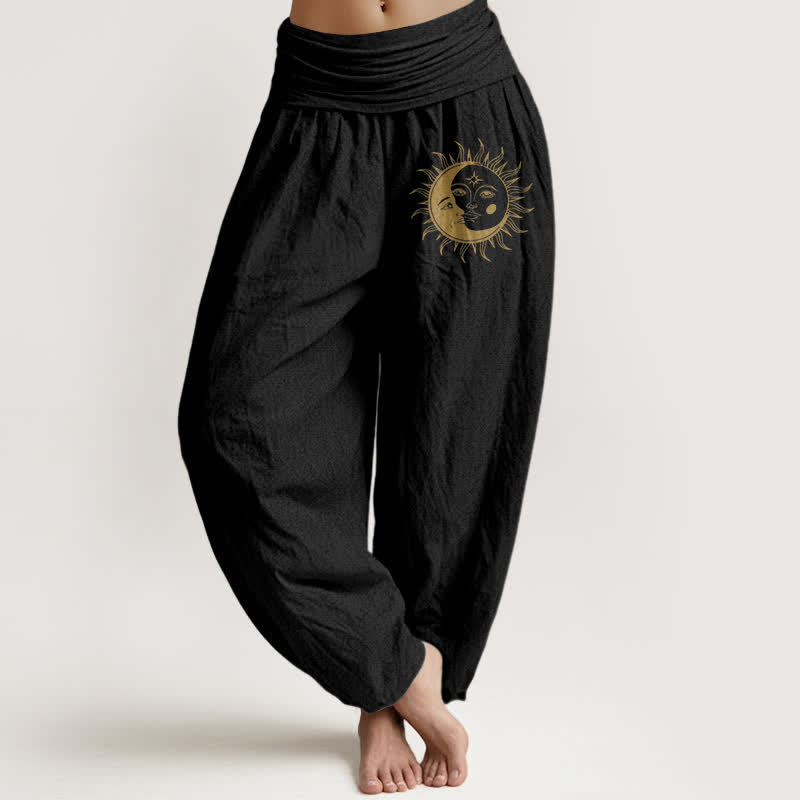 Buddha Stones Pure Cotton Golden Sun Moon Pattern Women's Elastic Waist Harem Pants - Black - US16,UK/AU20,EU48 (3XL) - image 0