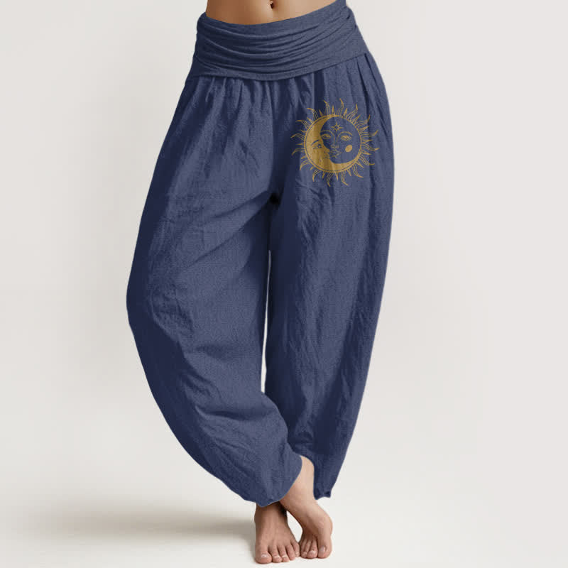Buddha Stones Pure Cotton Golden Sun Moon Pattern Women's Elastic Waist Harem Pants - DarkSlateBlue - US16,UK/AU20,EU48 (3XL) - image 8