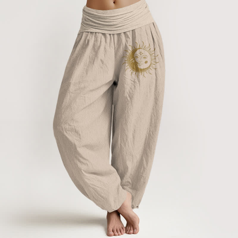 Buddha Stones Pure Cotton Golden Sun Moon Pattern Women's Elastic Waist Harem Pants - Tan - US16,UK/AU20,EU48 (3XL) - image 14