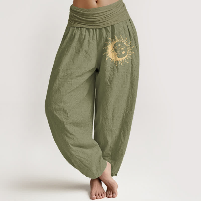 Buddha Stones Pure Cotton Golden Sun Moon Pattern Women's Elastic Waist Harem Pants - OliveDrab - US16,UK/AU20,EU48 (3XL) - image 11
