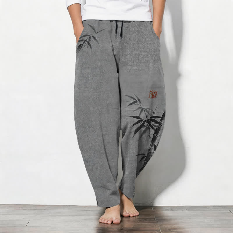 Buddha Stones Pure Cotton Ink Bamboo Pattern Drawstring Men's Tapered Pants With Pockets - Gray - US/UK/AU50,EU60 (5XL) - image 0