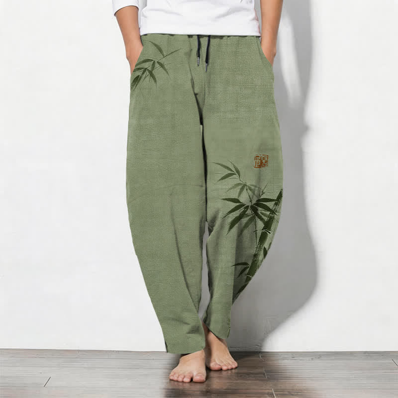Buddha Stones Pure Cotton Ink Bamboo Pattern Drawstring Men's Tapered Pants With Pockets - OliveDrab - US/UK/AU50,EU60 (5XL) - image 7