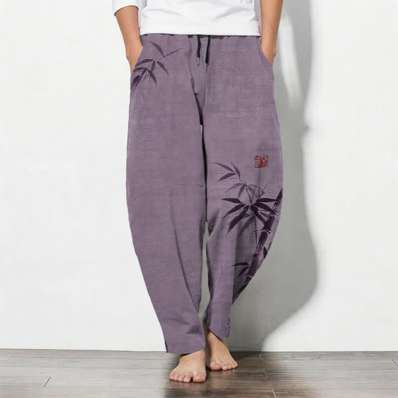 Buddha Stones Pure Cotton Ink Bamboo Pattern Drawstring Men's Tapered Pants With Pockets - Thistle - US/UK/AU50,EU60 (5XL) - image 11