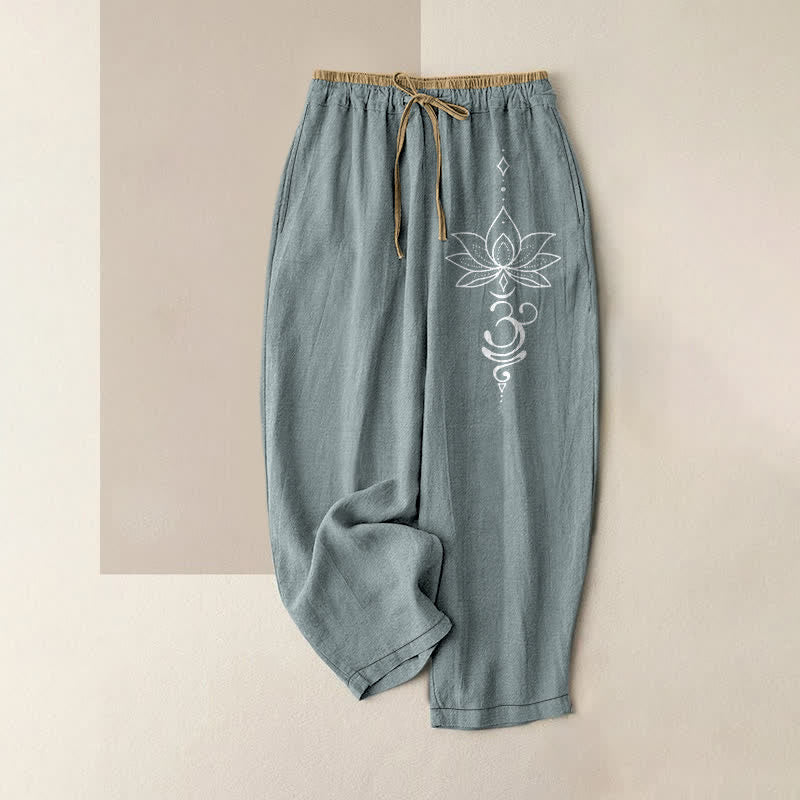 Buddha Stones Pure Cotton Zen Lotus Om Pattern Women's Elastic Waist Pants With Pockets - Lightblue - US16,UK/AU20,EU48 (3XL) - image 8