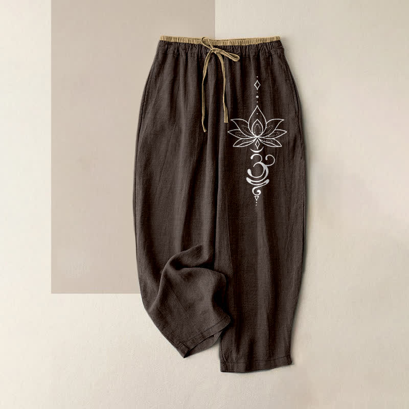 Buddha Stones Pure Cotton Zen Lotus Om Pattern Women's Elastic Waist Pants With Pockets - SaddleBrown - US16,UK/AU20,EU48 (3XL) - image 4