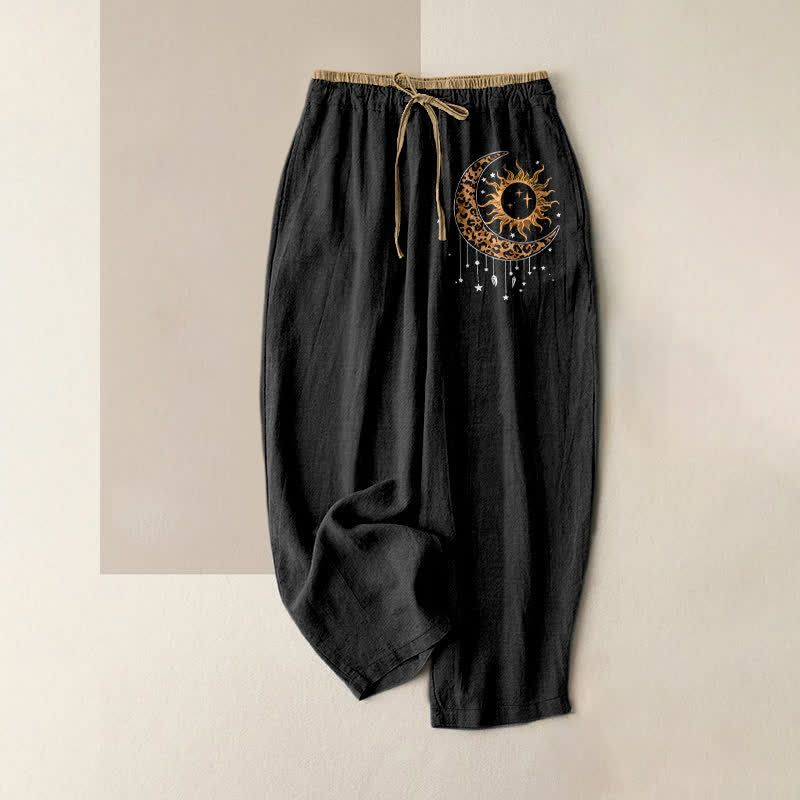 Buddha Stones Pure Cotton Celestial Sun Moon Pattern Women's Elastic Waist Pants With Pockets - Black - US16,UK/AU20,EU48 (3XL) - image 0