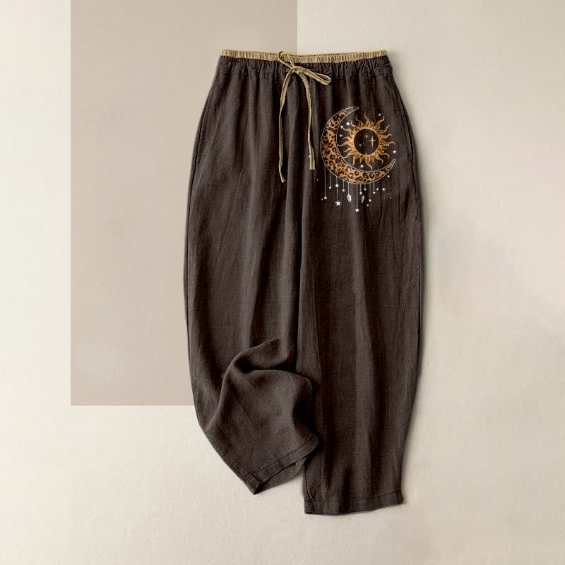 Buddha Stones Pure Cotton Celestial Sun Moon Pattern Women's Elastic Waist Pants With Pockets - SaddleBrown - US16,UK/AU20,EU48 (3XL) - image 4