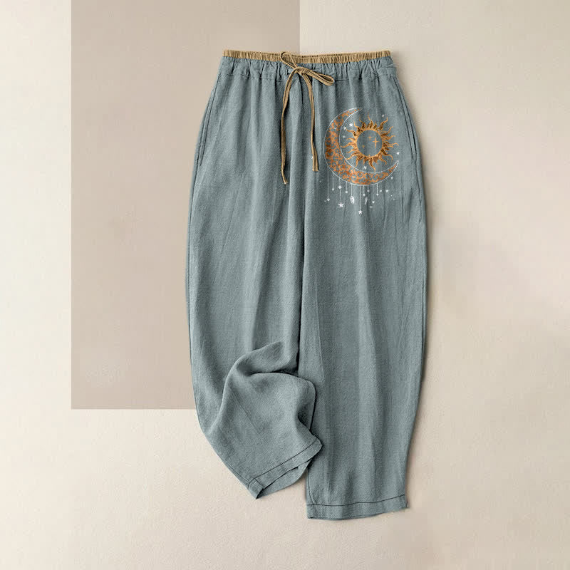Buddha Stones Pure Cotton Celestial Sun Moon Pattern Women's Elastic Waist Pants With Pockets - LightBlue - US16,UK/AU20,EU48 (3XL) - image 8