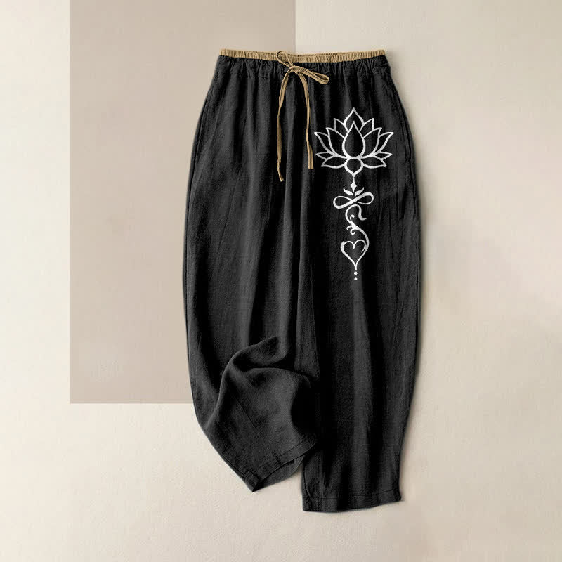 Buddha Stones Pure Cotton White Lotus Pattern Women's Elastic Waist Pants With Pockets - Black - US16,UK/AU20,EU48 (3XL) - image 0
