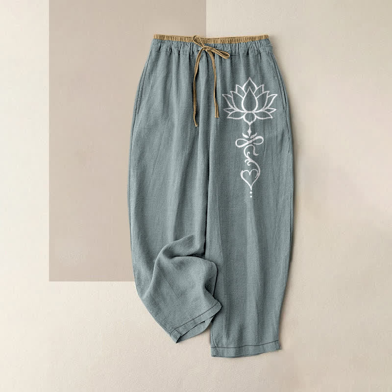 Buddha Stones Pure Cotton White Lotus Pattern Women's Elastic Waist Pants With Pockets - Lightblue - US16,UK/AU20,EU48 (3XL) - image 8