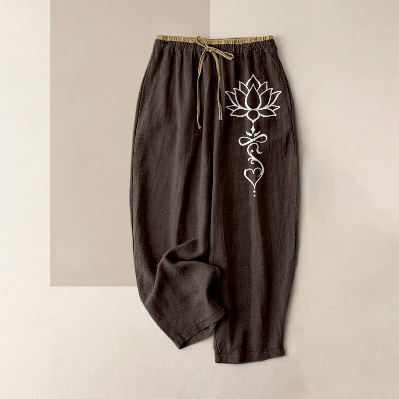 Buddha Stones Pure Cotton White Lotus Pattern Women's Elastic Waist Pants With Pockets - SaddleBrown - US16,UK/AU20,EU48 (3XL) - image 4