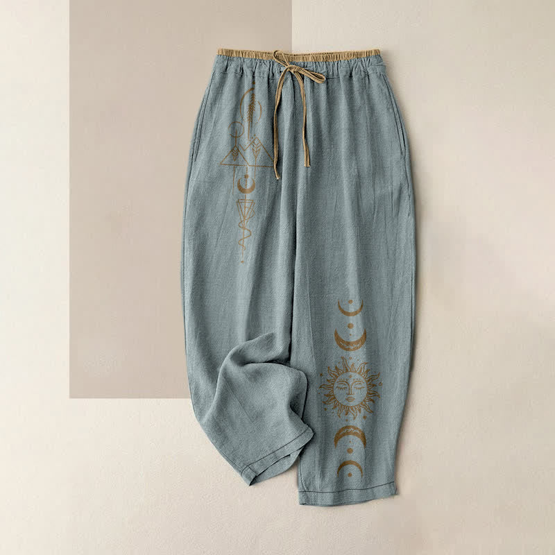 Buddha Stones Pure Cotton Celestial Sun Moon Pattern Women's Elastic Waist Pants With Pockets - LightBlue - US16,UK/AU20,EU48 (3XL) - image 8