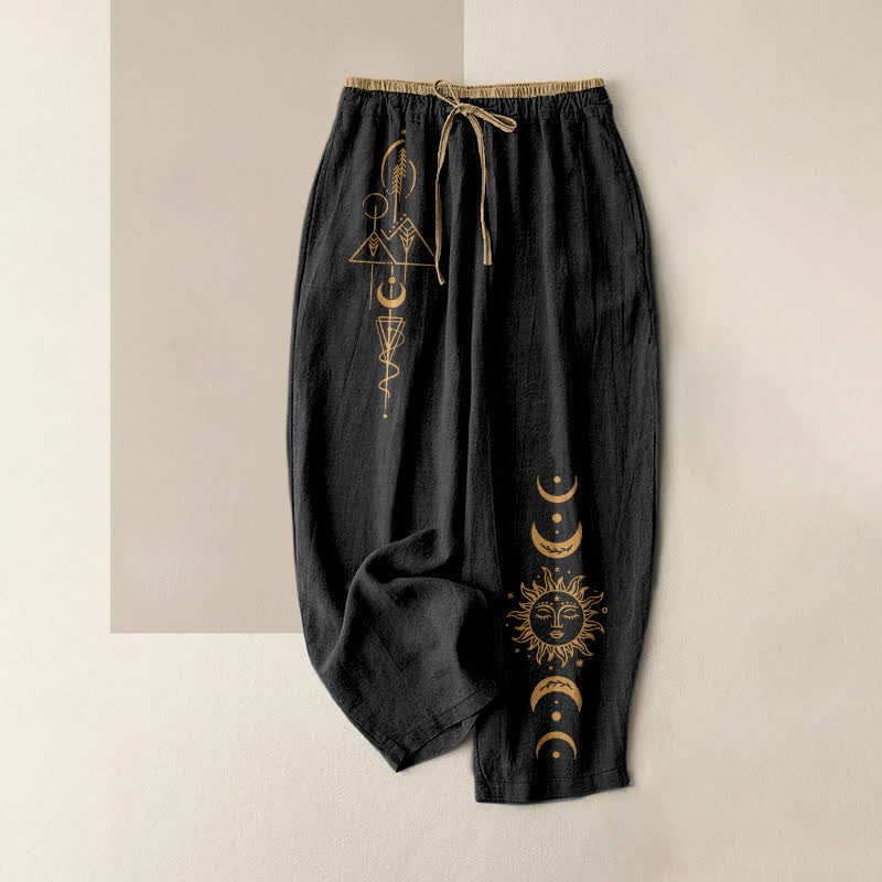Buddha Stones Pure Cotton Celestial Sun Moon Pattern Women's Elastic Waist Pants With Pockets - Black - US16,UK/AU20,EU48 (3XL) - image 0