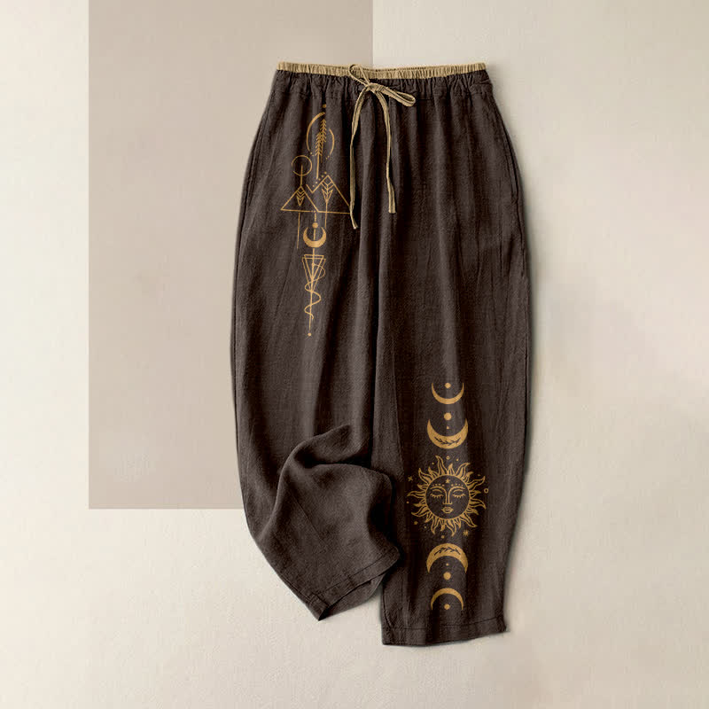 Buddha Stones Pure Cotton Celestial Sun Moon Pattern Women's Elastic Waist Pants With Pockets - SaddleBrown - US16,UK/AU20,EU48 (3XL) - image 4