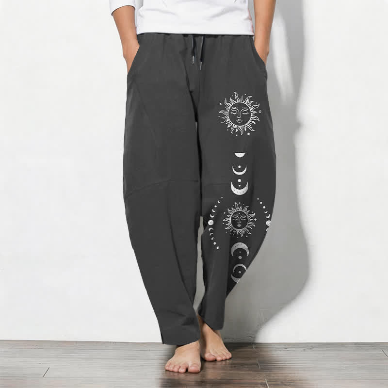 Buddha Stones Pure Cotton Sun Moon Phase Pattern Drawstring Men's Tapered Pants With Pockets - Black - US/UK/AU50,EU60 (5XL) - image 0