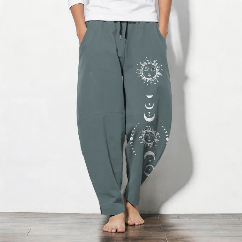 Buddha Stones Pure Cotton Sun Moon Phase Pattern Drawstring Men's Tapered Pants With Pockets - CadetBlue - US/UK/AU50,EU60 (5XL) - image 11