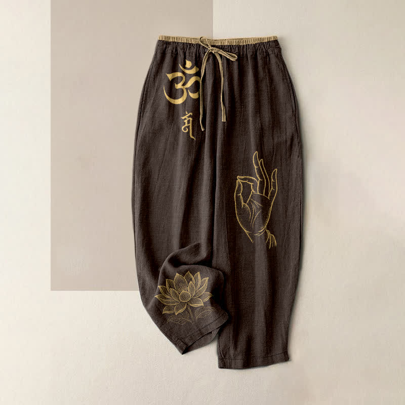 Buddha Stones Pure Cotton Sacred Om Lotus Pattern Women's Elastic Waist Pants With Pockets - SaddleBrown - US16,UK/AU20,EU48 (3XL) - image 4