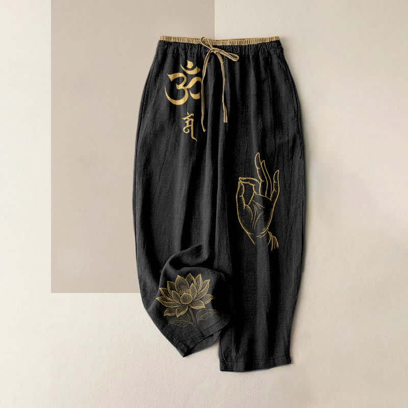 Buddha Stones Pure Cotton Sacred Om Lotus Pattern Women's Elastic Waist Pants With Pockets - Black - US16,UK/AU20,EU48 (3XL) - image 0