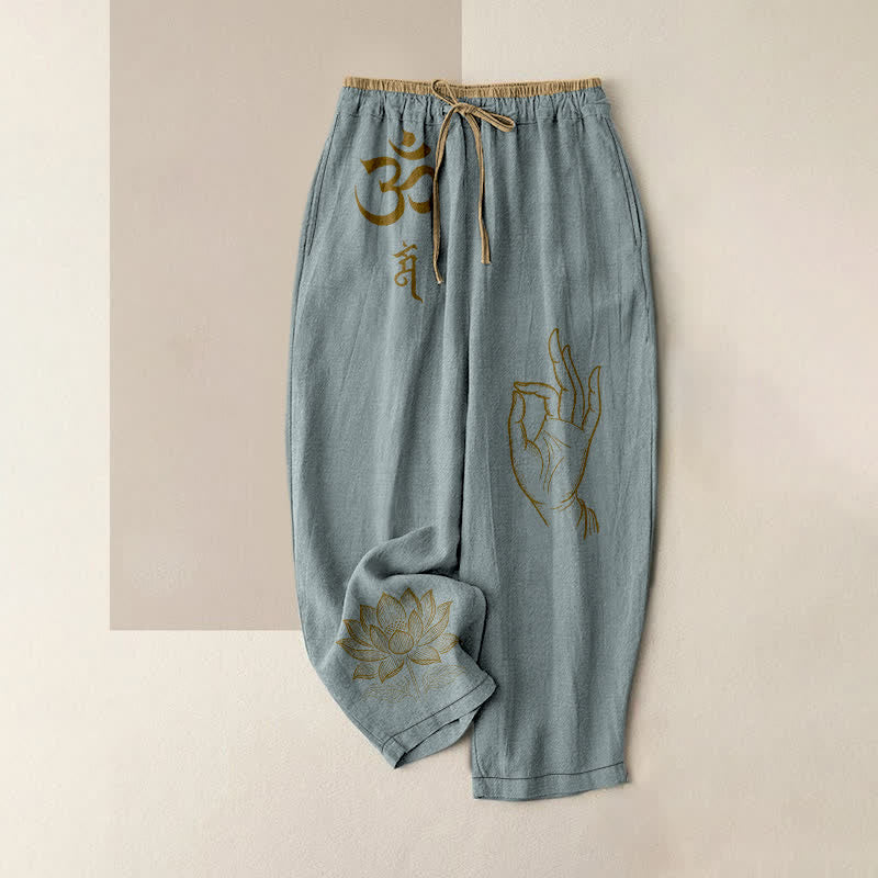 Buddha Stones Pure Cotton Sacred Om Lotus Pattern Women's Elastic Waist Pants With Pockets - LightBlue - US16,UK/AU20,EU48 (3XL) - image 8